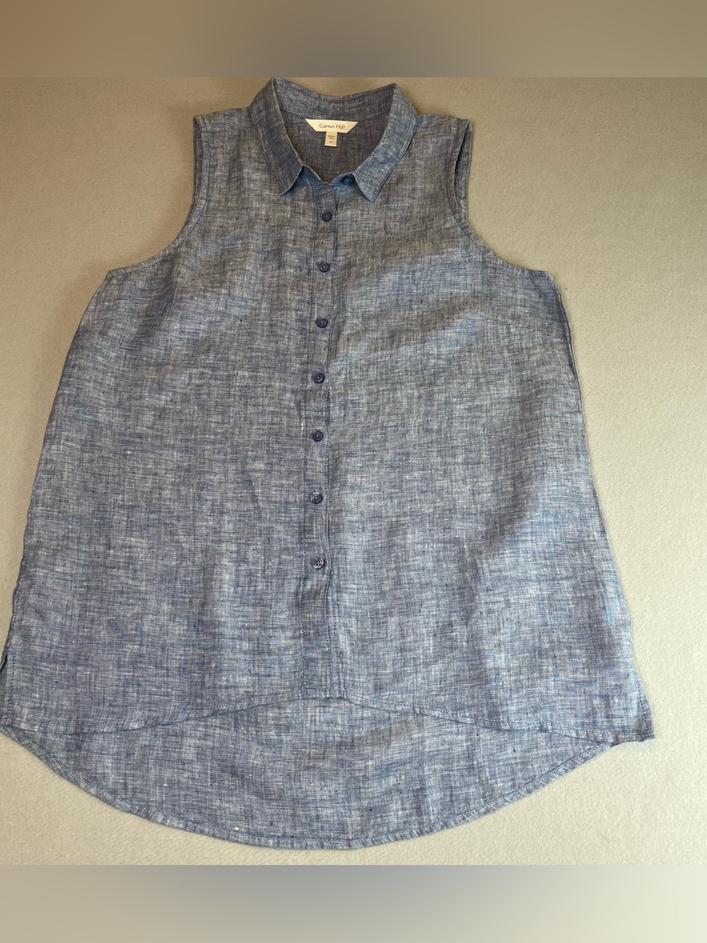 Garnet Hill 100% Linen Sleeveless Button Down Shirt  12 Blue High Low Coastal